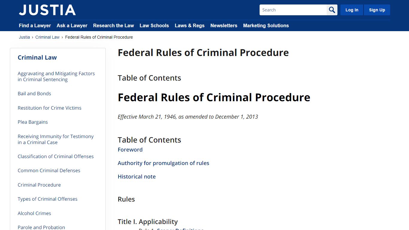 Federal Rules of Criminal Procedure Table of Contents | Justia